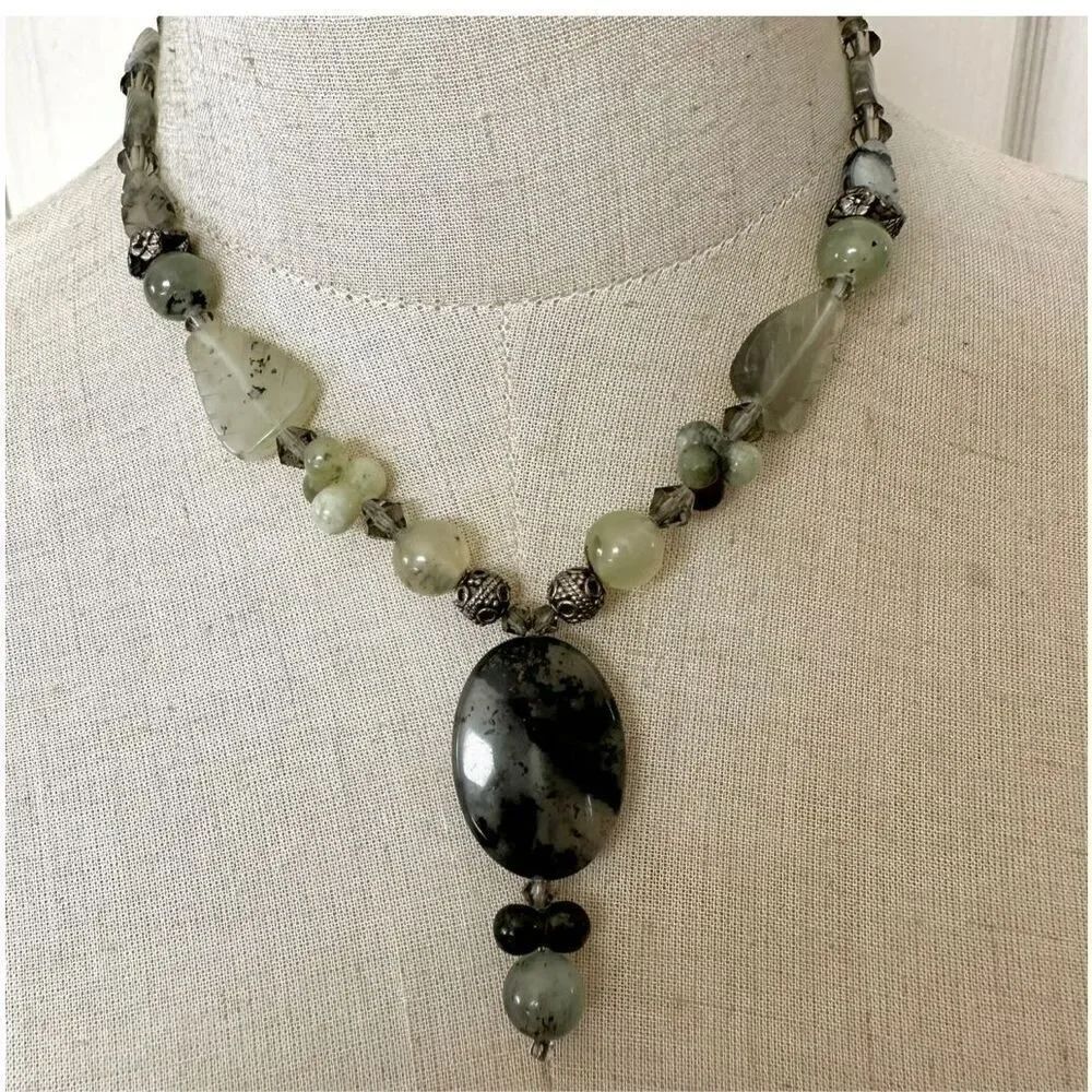 moss agate prehnite sterling silver beaded pendant necklace